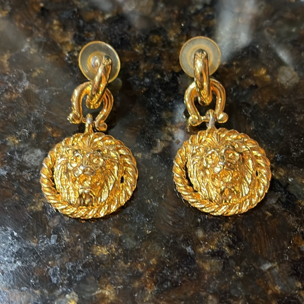 Vintage Anne Klein Gold Tone Lion Head Earrings